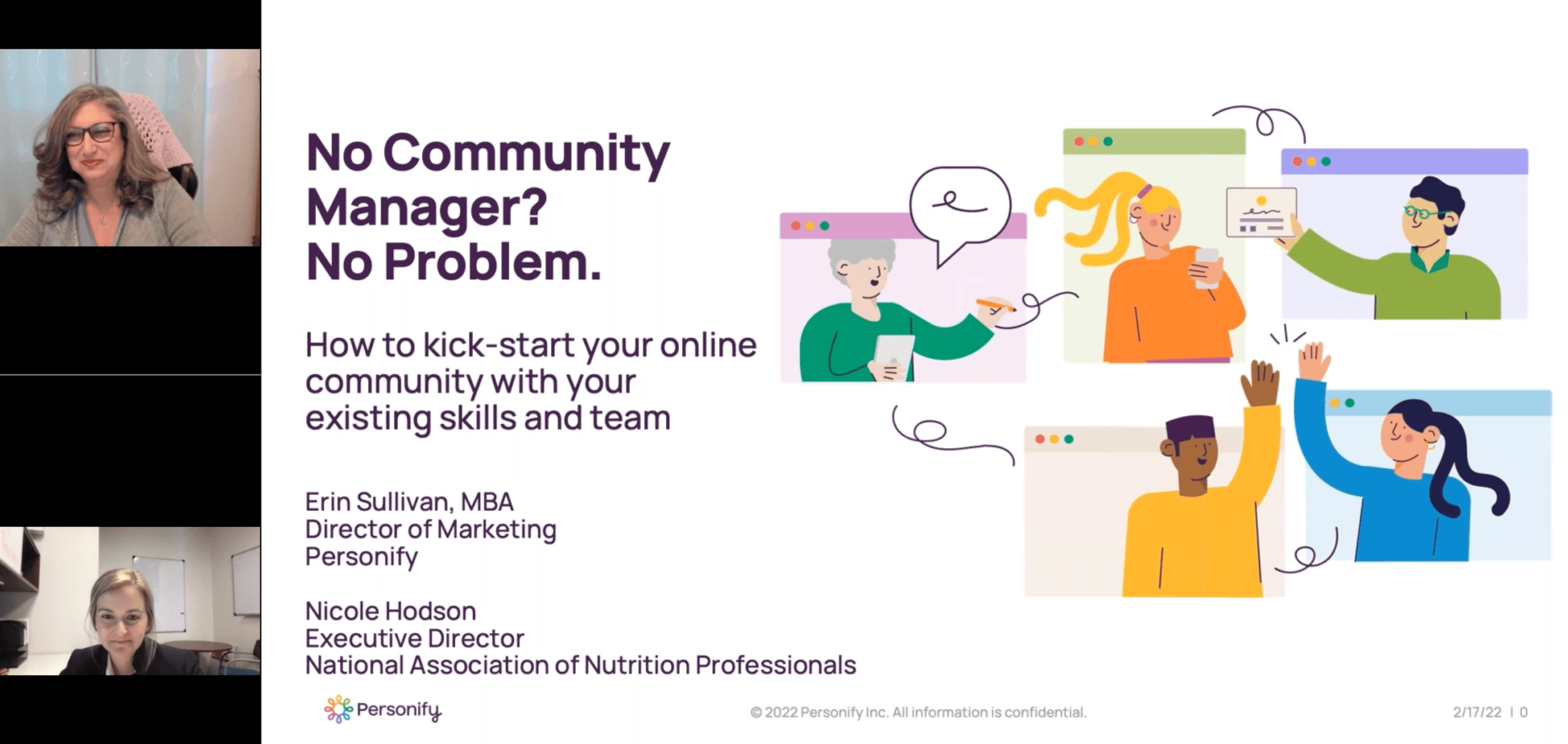 Two women speaking at a virtual webinar with a slide deck showing.
